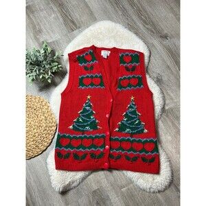 Vintage Talbots knitted by hand Christmas red vest SZ large
